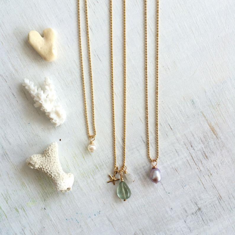 Three gemstone jewelry charm necklaces with shells by ZEN by Karen Moore