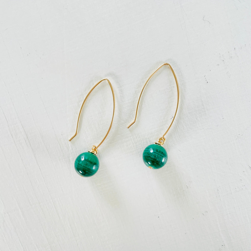 Malachite vibrant green earrings with gold on white background