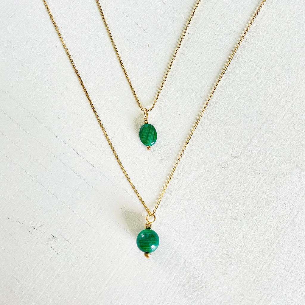 ZEN by Karen Moore green Malachite gemstone necklace on gold chain on white background