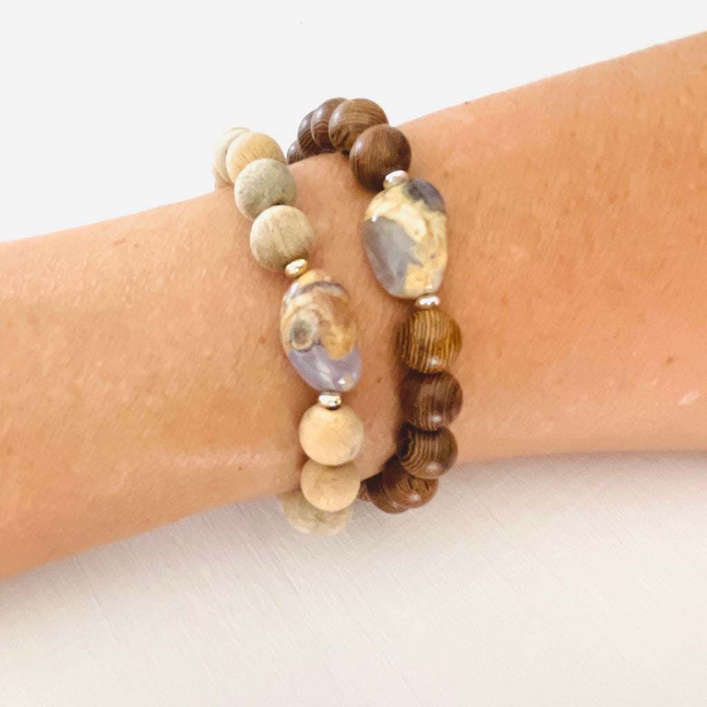Mojo Amazonite Tiger Wood Bracelet by ZEN by Karen Moore on white wood background