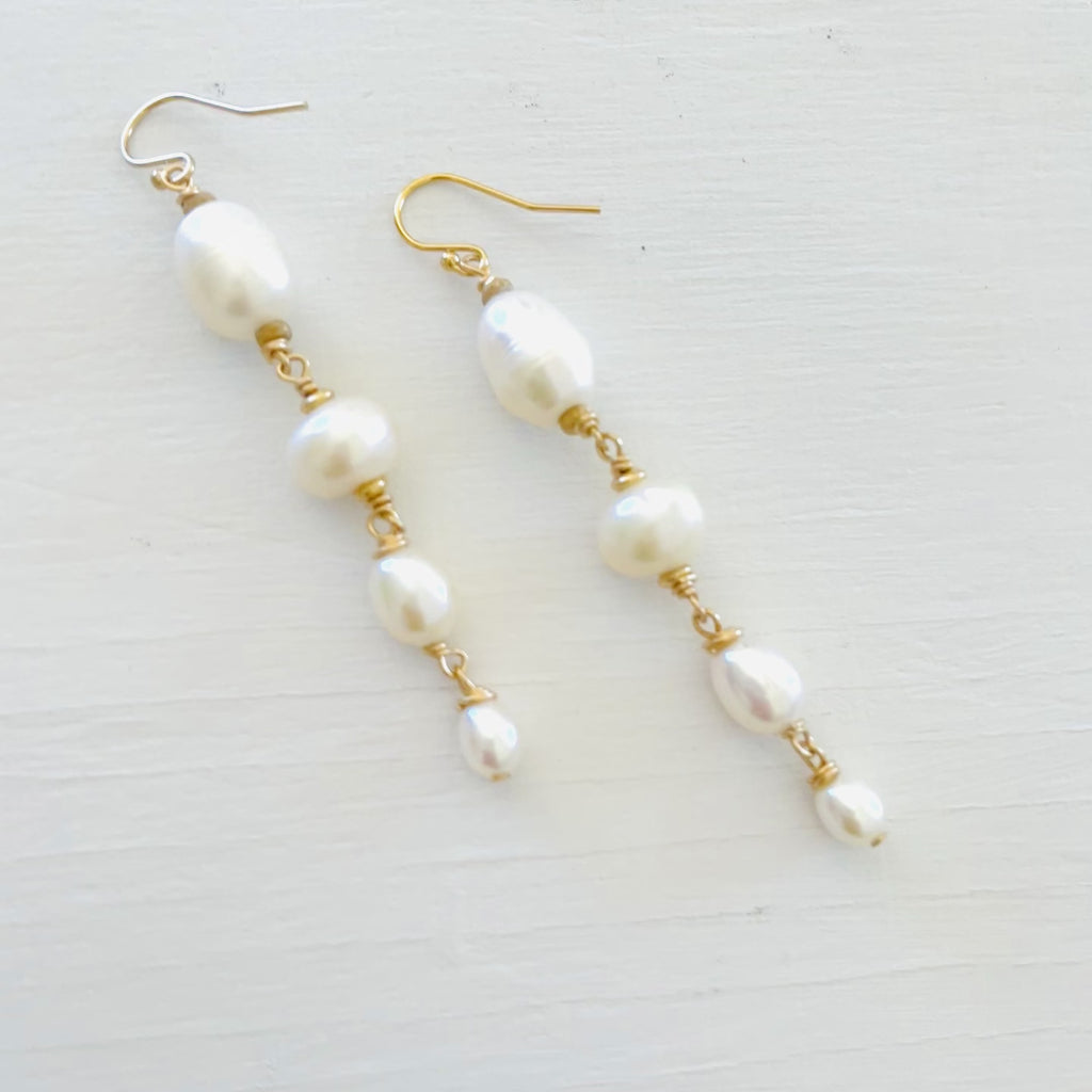 ZEN Earrings, Pearl Long Drop Earrings with Gold Fill Hardware Image on White Background