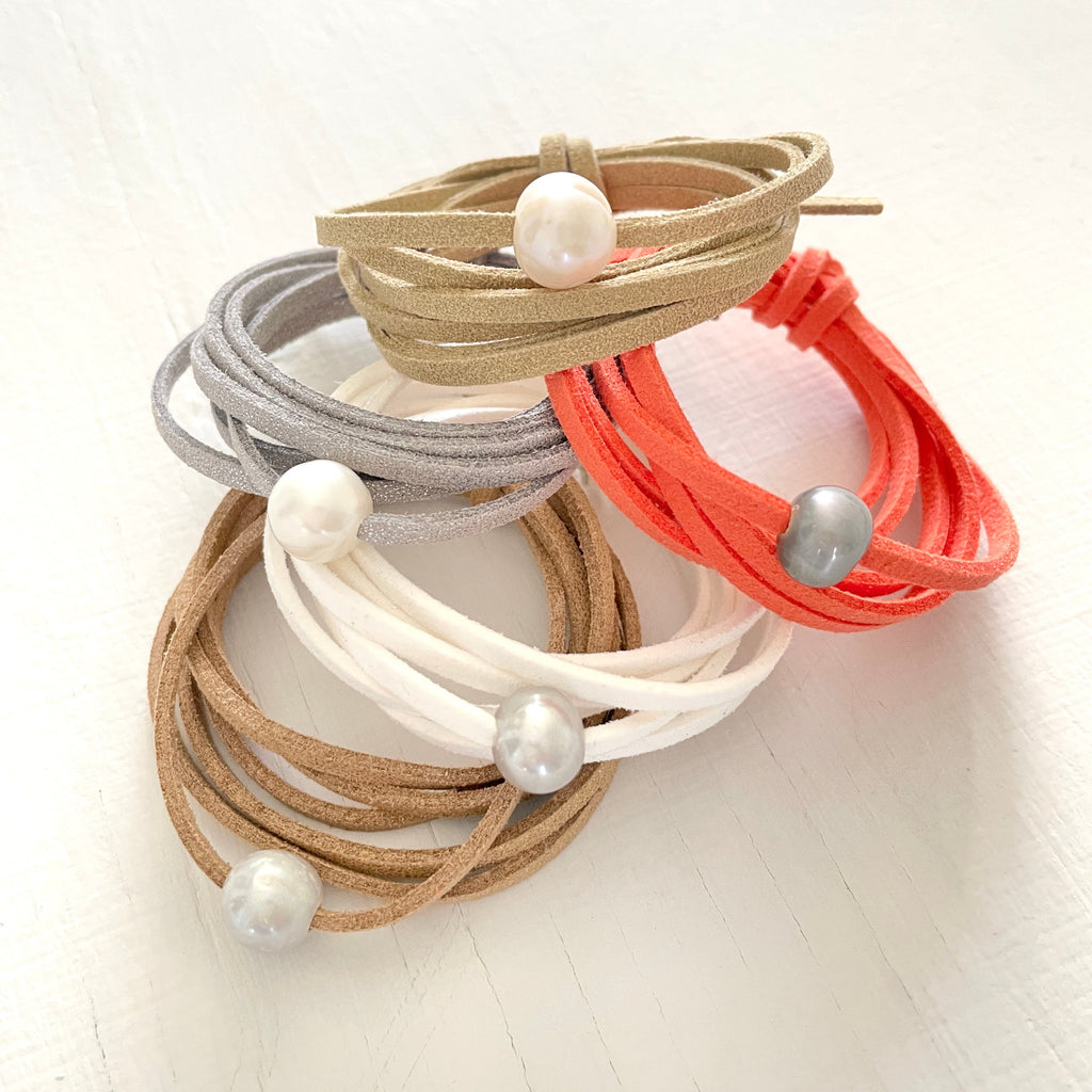 Pearl of Wisdom Coral VIbes Eco Zen Wrap Jewelry by ZEN by Karen Moore on white wood