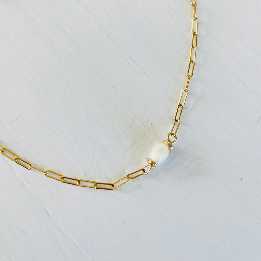 Nurtured by the Sea Mother of Pearl Anklet by ZEN by Karen Moore Jewelry overhead close up view on white background