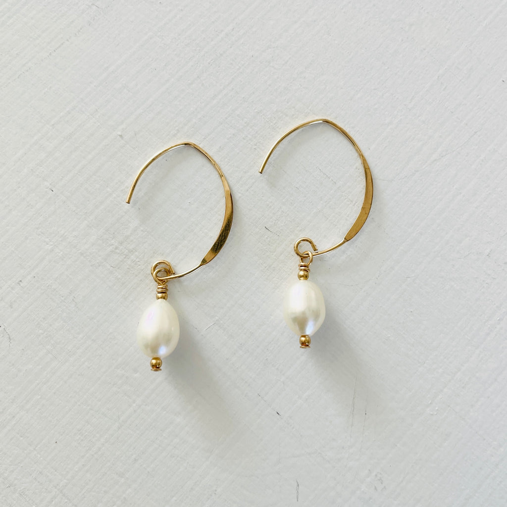 Classy Crescent Pearl  Earrings by ZEN by Karen Moore Jewelry silver and gold on white background