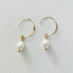 Classy Crescent Pearl  Earrings by ZEN by Karen Moore Jewelry gold angled view on white background
