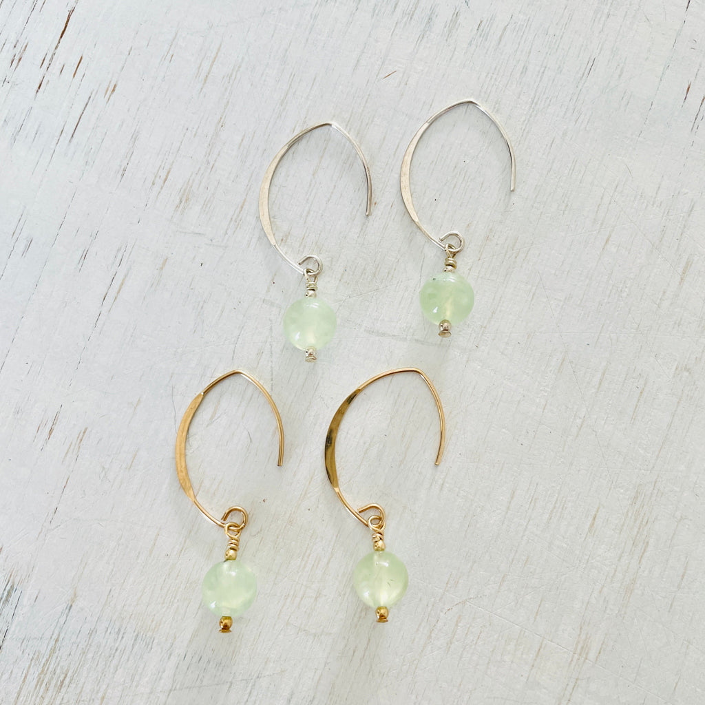 ZEN by Karen Moore Prehnite Silver and Gold Earrings on white background