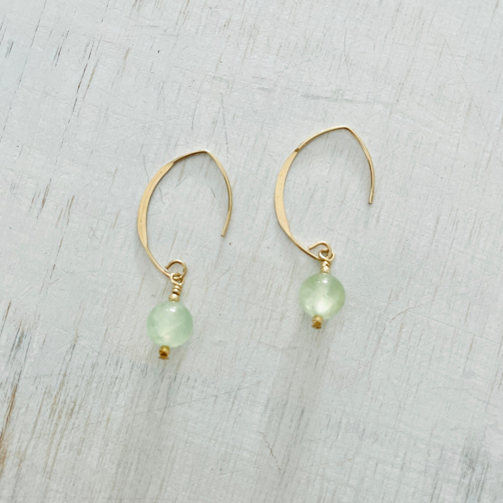 ZEN by Karen Moore Prehnite Gold Earrings on white background