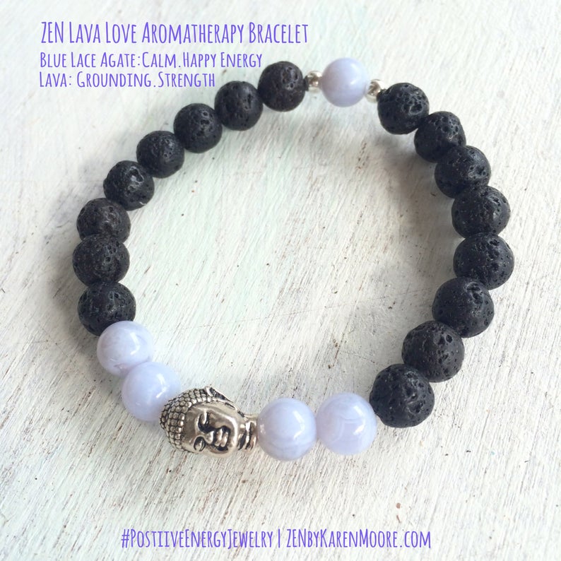 Blue lace agate & lava stone I Am Calm Aromatherapy Bracelet by ZEN by Karen Moore on white wood