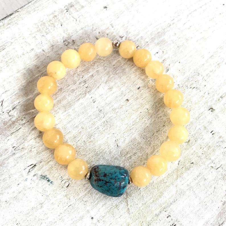 Calcite & turquoise Sunshine Turquoise Bracelet by ZEN by Karen Moore on white wood