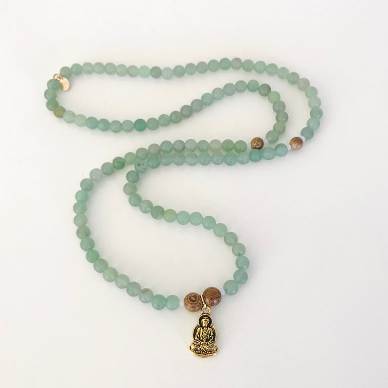 Aventurine & tiger wood Positively Being Aventurine Mala prayer beads by ZEN by Karen Moore shown as bracelet