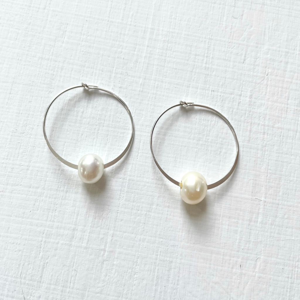 Circle of Wisdom Pearl Hoop Earrings sterling silver on white background