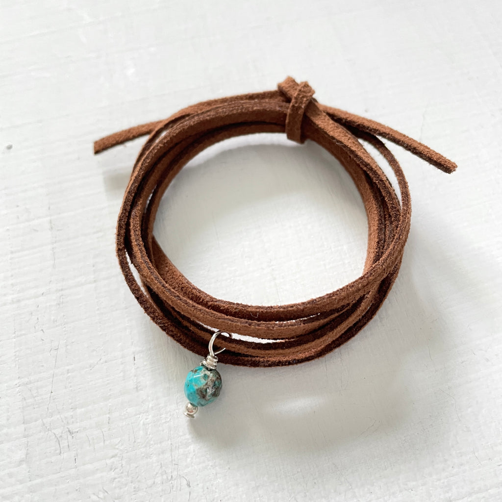 Strength & Balance Turquoise Eco Zen Wrap Jewelry by ZEN by Karen Moore with brown strap on white background
