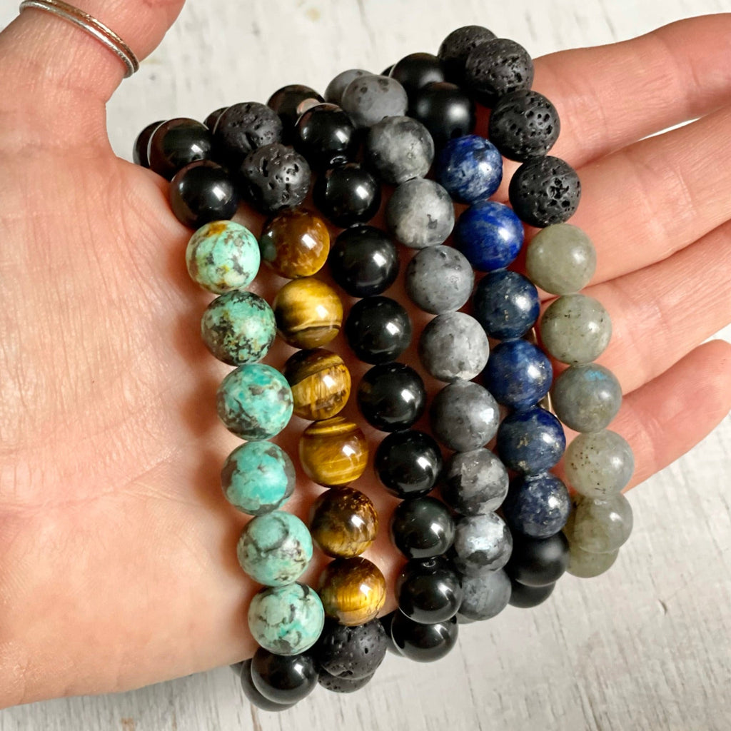 Truth of your Soul Lapis Lazuli & Onyx Menz ZEN Bracelet on white wood background
