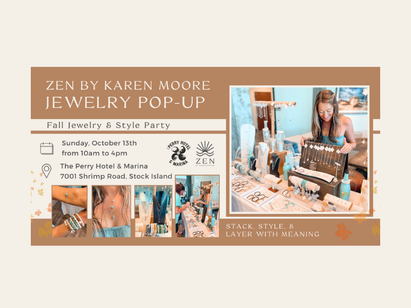 ZEN by Karen Moore Event Graphic with Karen and her jewelry at the Perry Hotel Pop-up Event