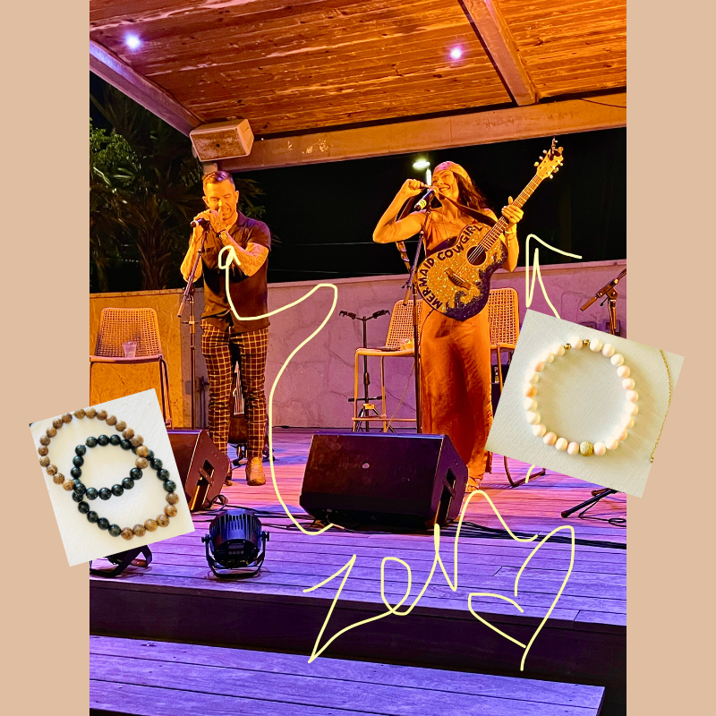 ZEN by Karen Moore Jewelry on Kylie Morgan and Jay Allen pearls, conch shell, obsidian, wood and jasper