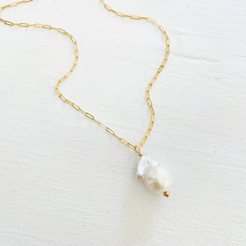 ZEN by Karen Moore Baroque Pearl Paperclip chain necklace on white background