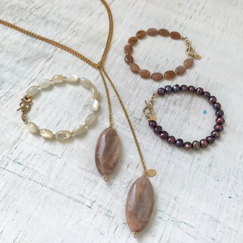 ZEN Wrap Necklace and three gemstone bracelets by ZEN by Karen Moore