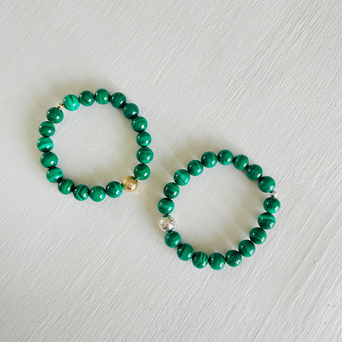 ZEN by Karen Moore green Malachite gemstone bracelet on white background