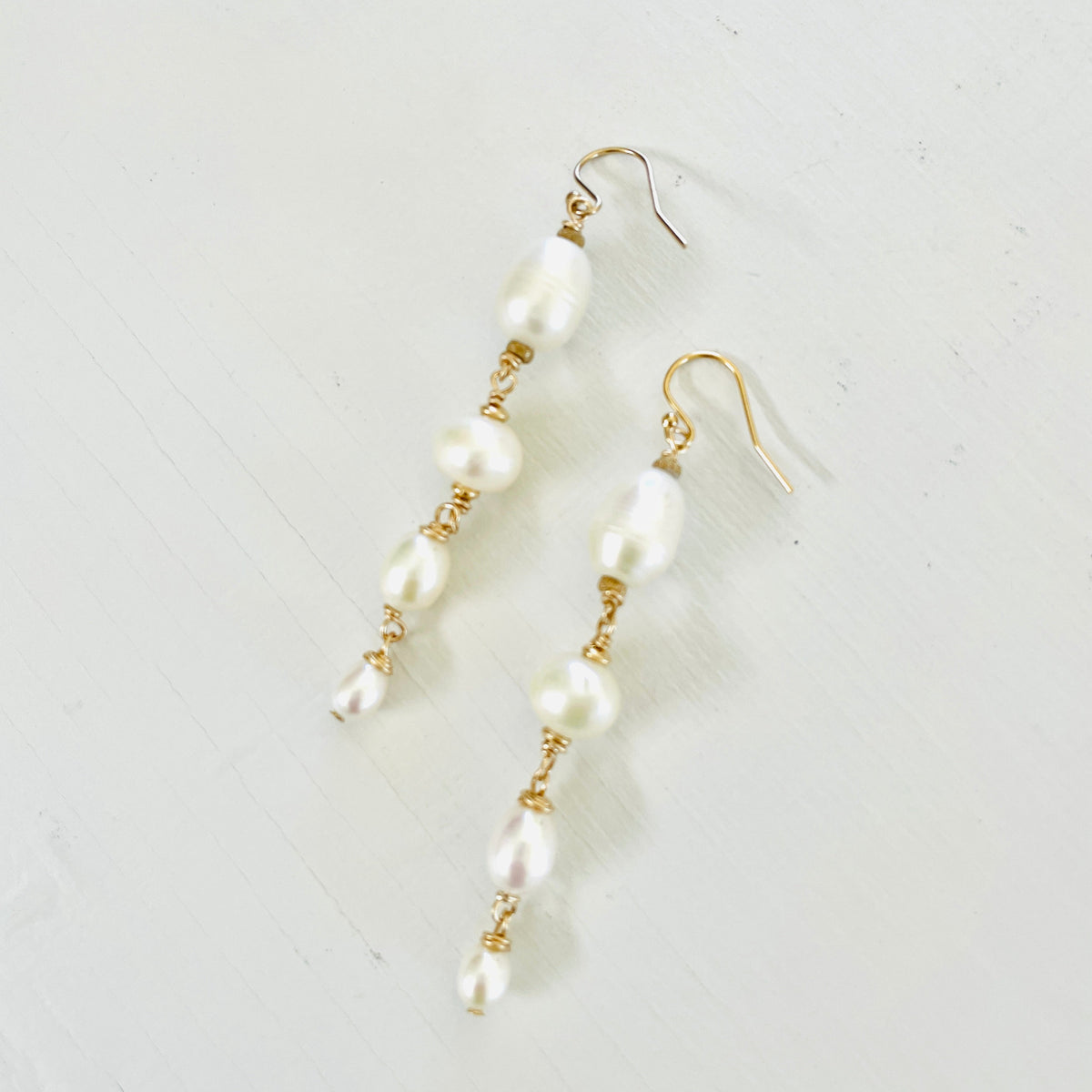 ZEN Earrings, Pearl Long Drop Earrings with Gold Fill Hardware Image on White Background