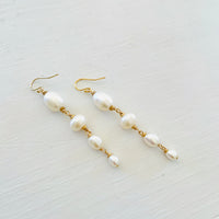 ZEN Earrings, Pearl Long Drop Earrings with Gold Fill Hardware Image on White Background