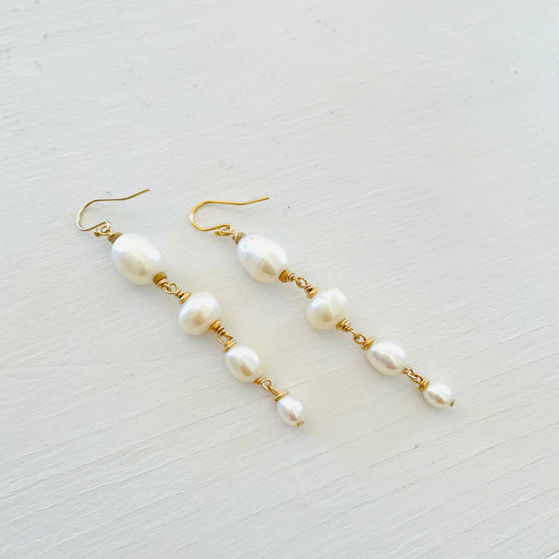 ZEN Earrings, Pearl Long Drop Earrings with Gold Fill Hardware Image on White Background