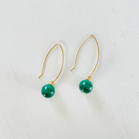 Malachite vibrant green earrings with gold on white background