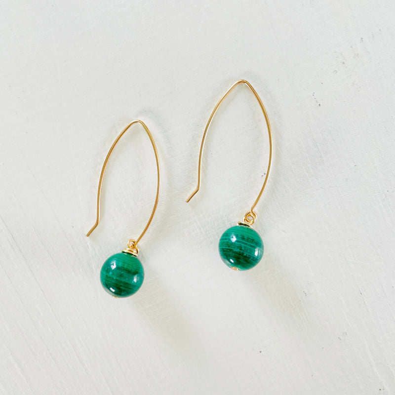 Malachite vibrant green earrings with gold on white background