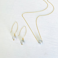 ZEN by Karen Moore Long Loop Gold Earrings with Grey Pearls on White Background