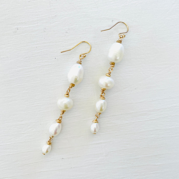ZEN Earrings, Pearl Long Drop Earrings with Gold Fill Hardware Image on White Background