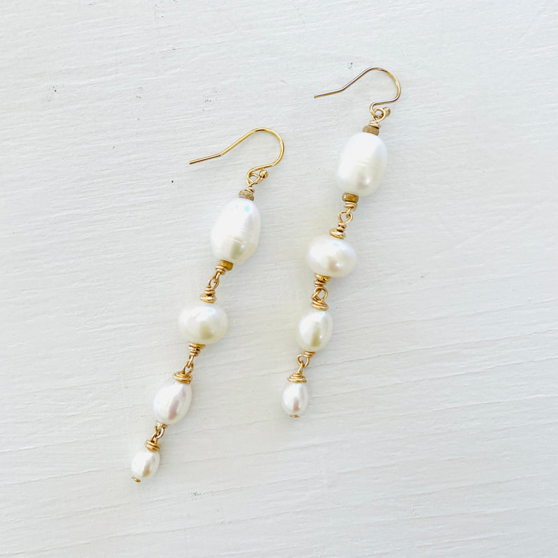ZEN Earrings, Pearl Long Drop Earrings with Gold Fill Hardware Image on White Background
