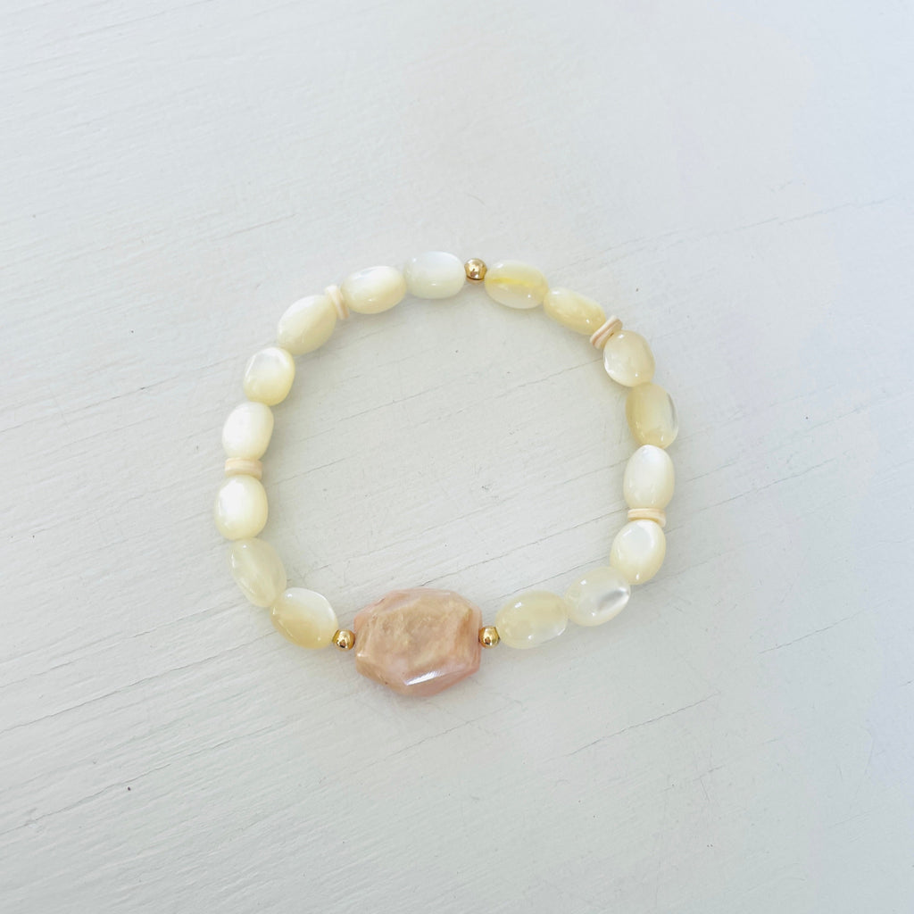 ZEN by Karen Moore Mother of Pearl & Pink Opal Bracelet on white background