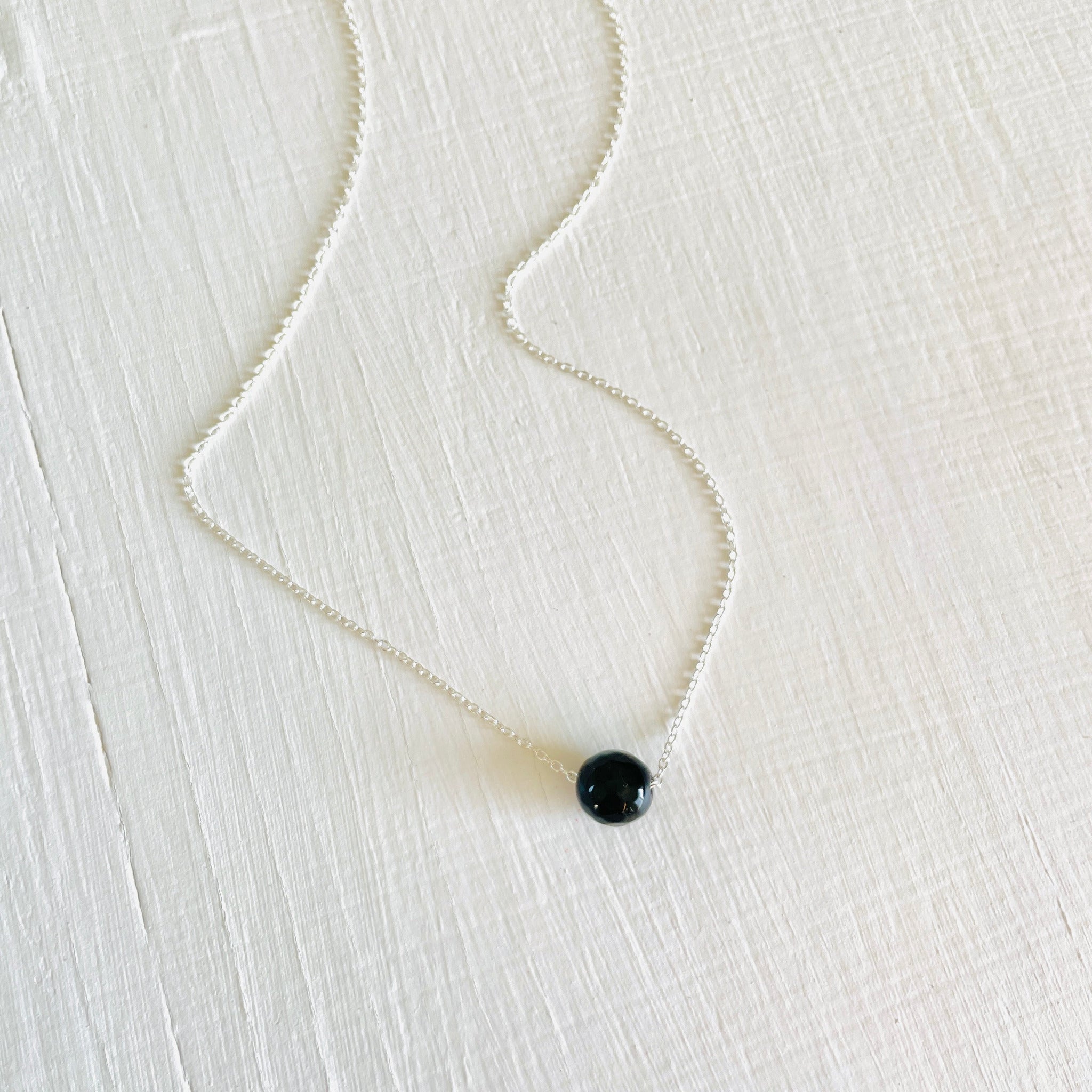 Single Bead Floating Necklace with Black Onyx Bead Sterling Silver Single Bead Floating Necklace with Black Onyx Bead Sterling Silver