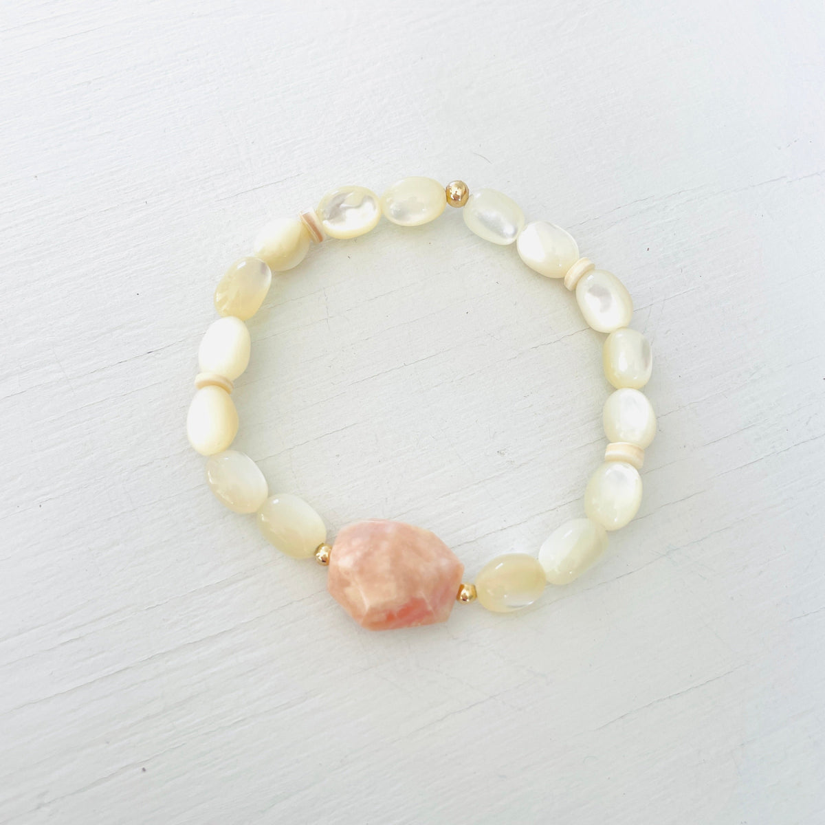 ZEN by Karen Moore Mother of Pearl & Pink Opal Bracelet on white background