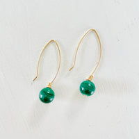 Malachite vibrant green earrings with gold on white background