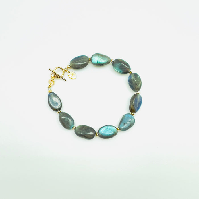ZEN by Karen Moore Jewelry Labradorite Gemstone Bracelet with Gold Toggle Clasp on White background
