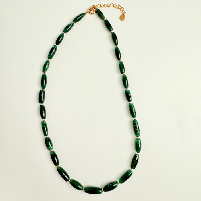 green jade gemstone necklace on white background with gold accents
ZEN-by-Karen-Moore-Jewelry_Indian-Jade-Necklace