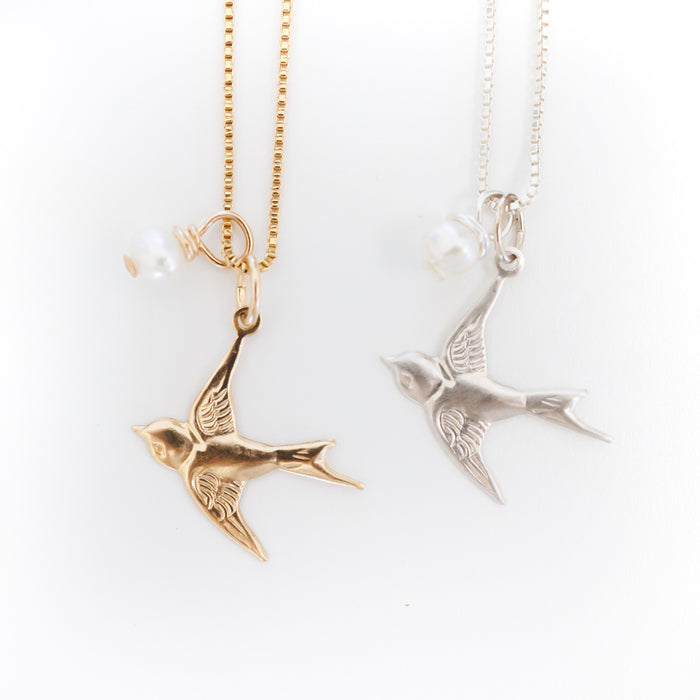 Fly Free Pearly Swallow Charm Necklace