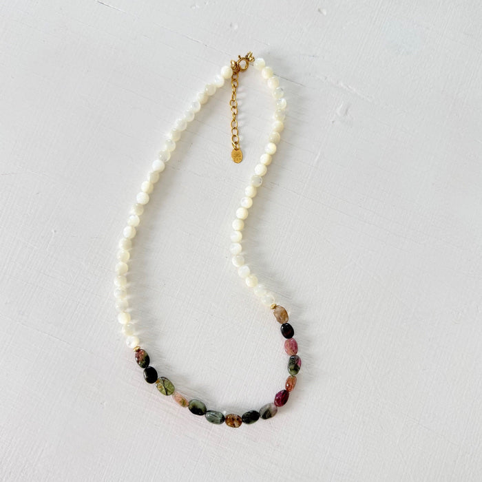 Watermelon Tourmaline Necklace with Mother of Pearl beads on a white background
