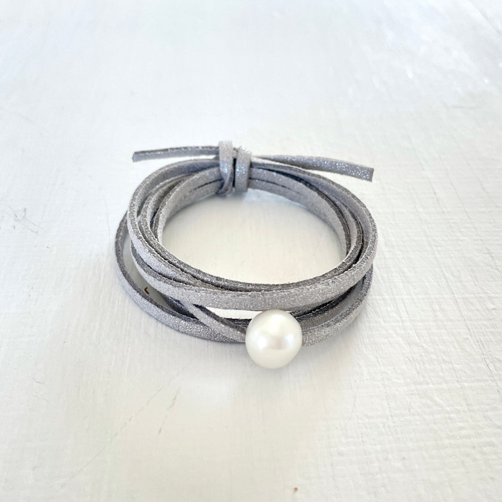 Pearl of Wisdom Shimmer Stone Eco Zen Wrap Jewelry by ZEN by Karen Moore on white wood