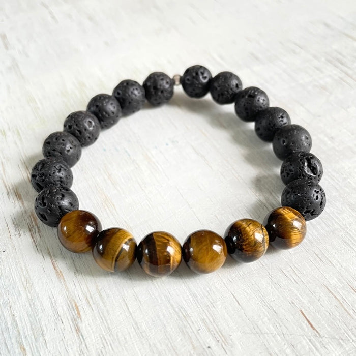 Fortunate Spirit Tiger Eye & Lava Stone Menz ZEN Bracelet by ZEN by Karen Moore on white wood background