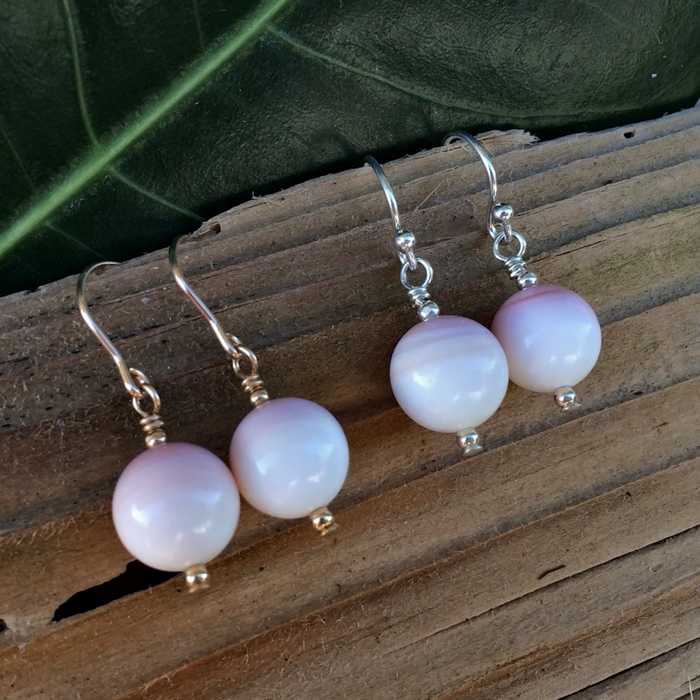 Simply Conch Shell Earrings by ZEN by Karen Moore in 14K gold or sterling silver on wood and leaf