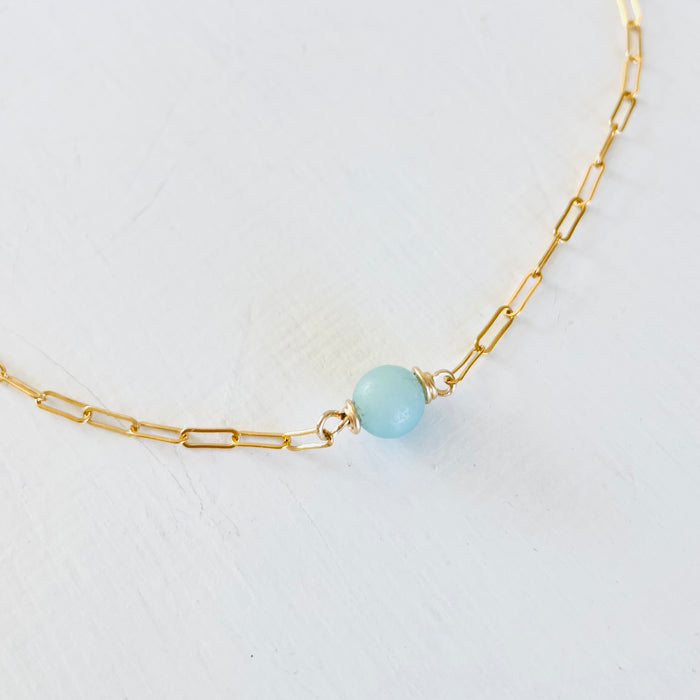 The Jenny Blues Amazonite & Sterling Silver or Gold Anklet  by ZEN by Karen Moore close up on white background