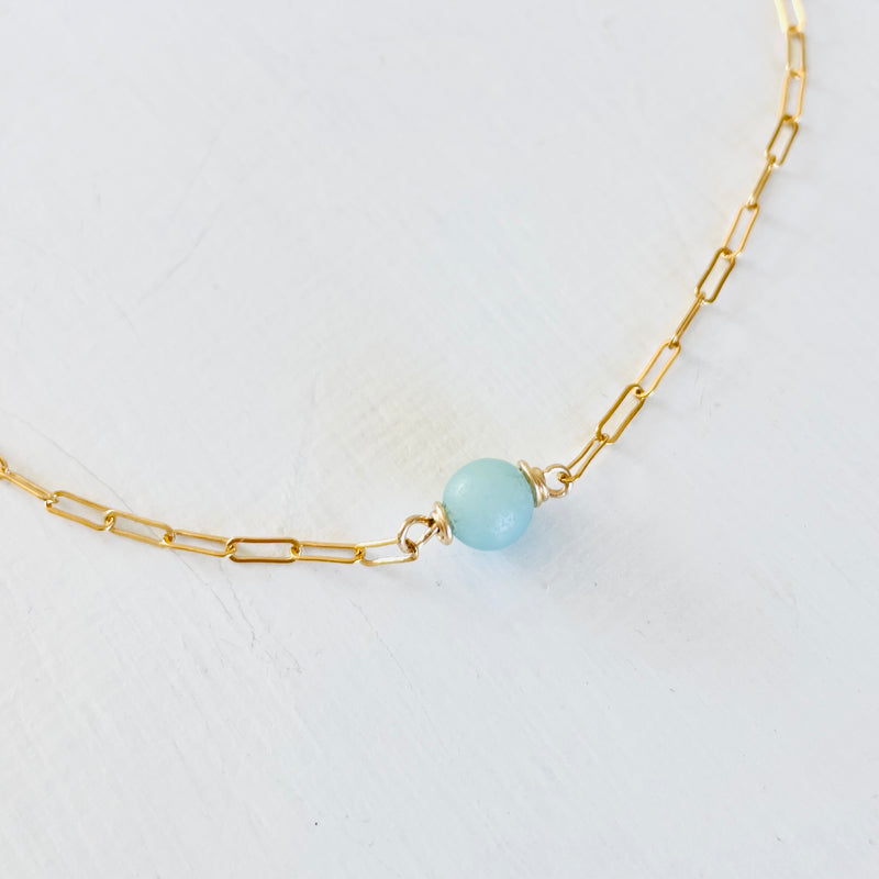 The Jenny Blues Amazonite & Sterling Silver or Gold Anklet  by ZEN by Karen Moore close up on white background