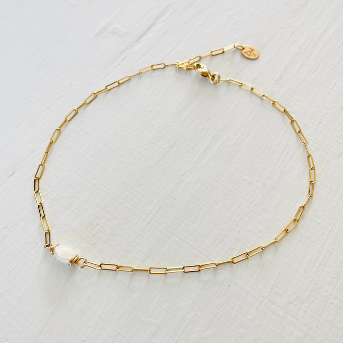 Nurtured by the Sea Mother of Pearl Anklet by ZEN by Karen Moore Jewelry overhead close up view on white background