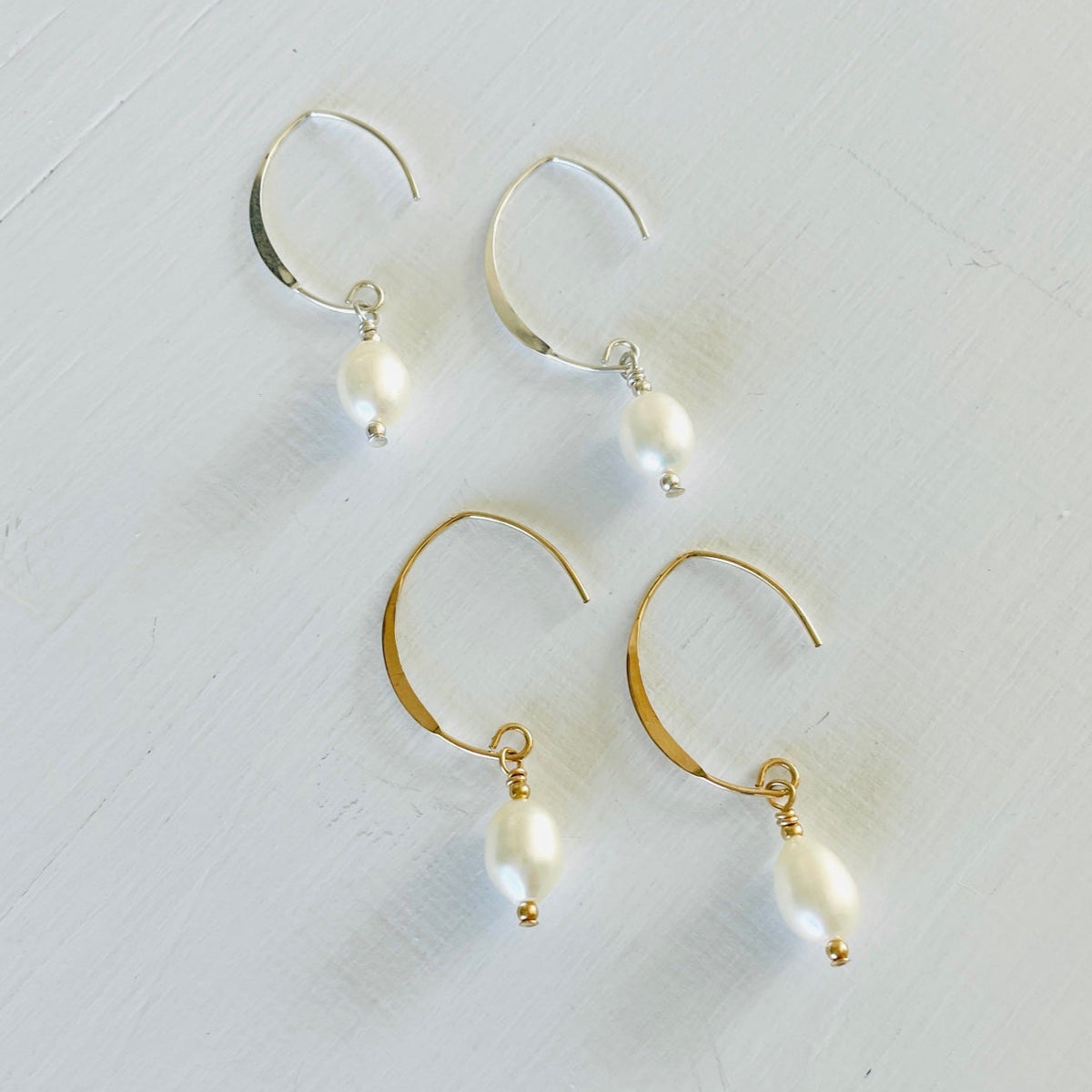 Classy Crescent Pearl  Earrings by ZEN by Karen Moore Jewelry silver and gold on white background