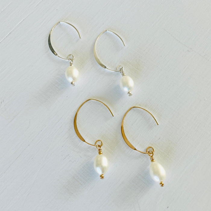 Classy Crescent Pearl  Earrings by ZEN by Karen Moore Jewelry silver and gold on white background