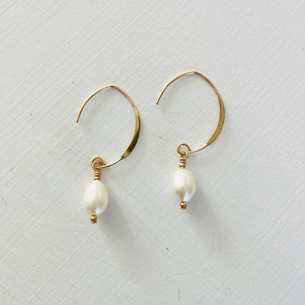 Classy Crescent Pearl  Earrings by ZEN by Karen Moore Jewelry gold on white background