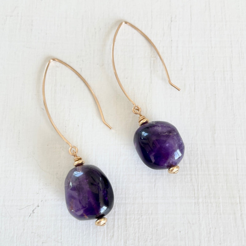 14kt gold-fill Royal Amethyst Earrings by ZEN by Karen Moore Jewelry overhead view on white background