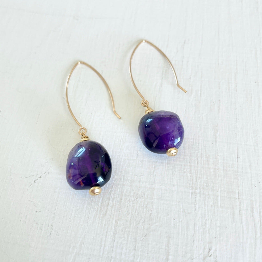 14kt gold-fill Royal Amethyst Earrings by ZEN by Karen Moore Jewelry overhead view zoomed out on white background