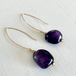14kt gold-fill Royal Amethyst Earrings by ZEN by Karen Moore Jewelry overhead view zoomed in on white background